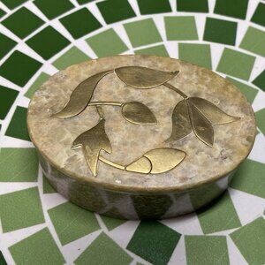 Vintage Indian Stone Trinket Box Brass Inlay Floral Design Made in India